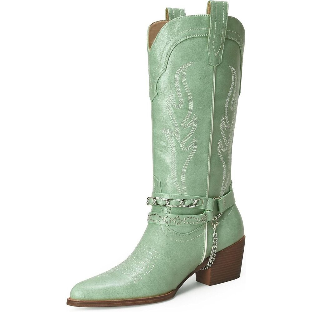 ⚡Women Light Green Faux Leather Chunky Heel Riding Pull on Style Cowboy Boots